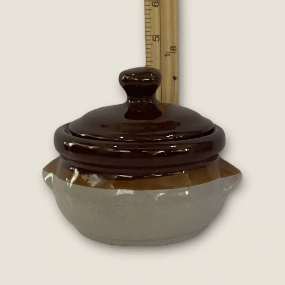 Vintage Stoneware Traditional Bean Pot Crock Two Tone Brown Double Handles Lid